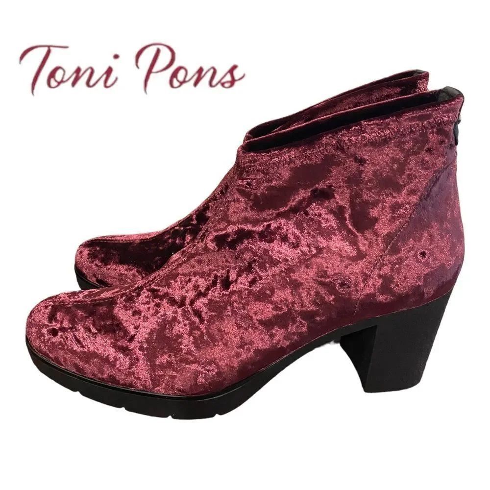 New TONI PONS Anthropologie Burgundy Crushed Velvet Ankle Boots Booties 40 9